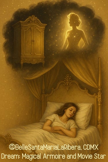 a cloud above showing a glowing magical armoire and a radiant movie star silhouette