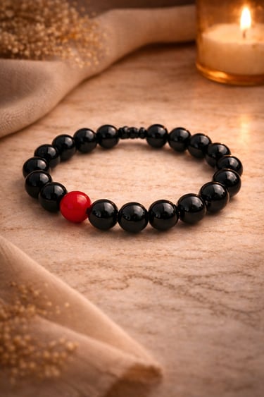 black obsidian bracelet 6mm with red bead accent for protection grounding and energy balance handmade in mexico