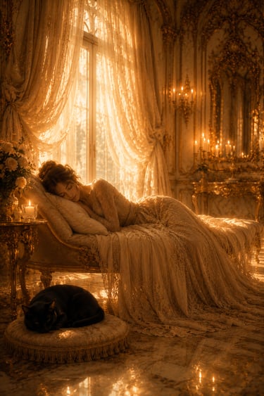 elegant woman sleeping in a golden bedroom with lace curtains and candles. Black cat sleeping on golden pillow next to her