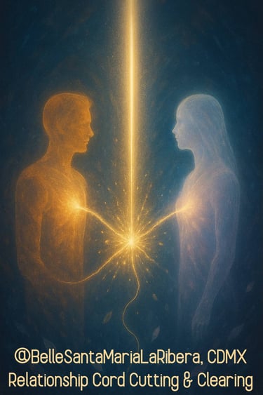 luminous figures with a golden beam severing cords between them, symbolizing relationship cord cut