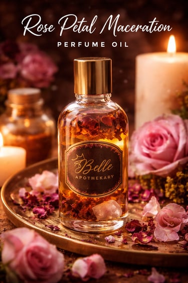 Handcrafted rose perfume oil by Belle Apothecary created through a 3-month rose petal maceration pro