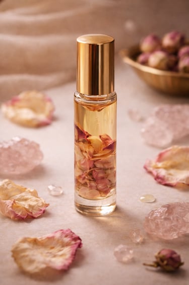 rose oil perfume natural macerated fragrance with rose petals and rose quartz for feminine scent and daily ritual