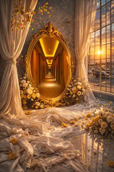Dream interpretation concept image of a golden mirror portal reflecting a hotel hallway
