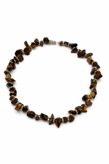 tiger eye chip stone necklace with natural brown and gold tones, protective crystal jewelry for strength focus and grounding