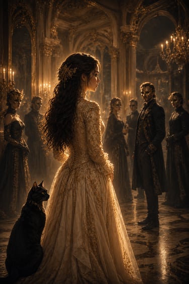 woman wearing an elegant silk golden dress with a black cat next to her in a rococo hall people wearing golden masks
