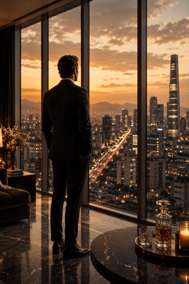 Masculine man standing up in front of a floor to ceiling window in a high rise looking at Mexico City Reforma street lights