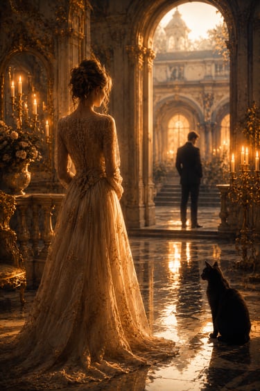 elegant woman in golden room with roses and cangles looking at man in courtyward. Black cat on the floor by her right side