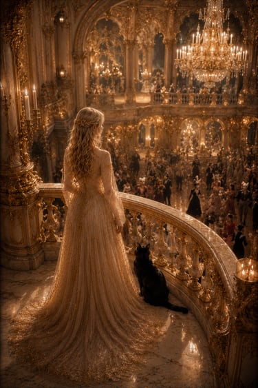 elegant blonde woman standing on a rococo balcony inside a golden hall with black cat to her right overlooking dance hall