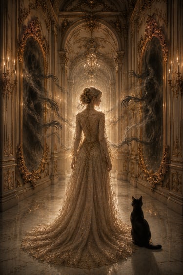 radiant elegant blonde woman with black cat to her right in a rococo hall with mirrors on both sides and spirits in mirrors