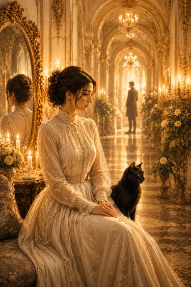 brunette woman sitting in a golden hall with golden chandeliers and a rococo mirror behind her and a black cat to her left