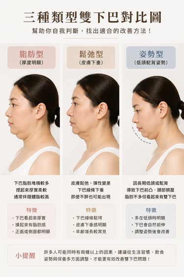 三種類型雙下巴對比圖 畫面分成三格: 左:脂肪型(厚度明顯) 中:鬆弛型(皮膚下垂) 右:姿勢型(低頭駝背姿勢)