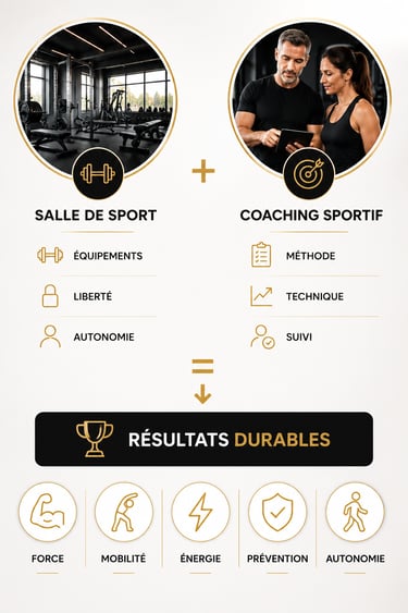 Salle de sport et coaching sont parfaitement complémentaire pour un objectif de résultats durables.