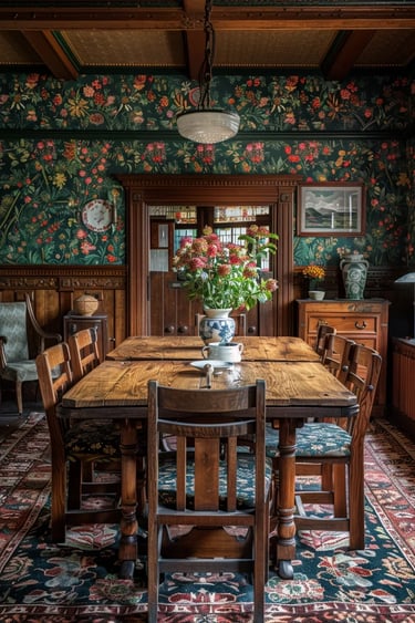 William Morris-inspired interior featuring botanical patterns, natural materials, and traditional Ar