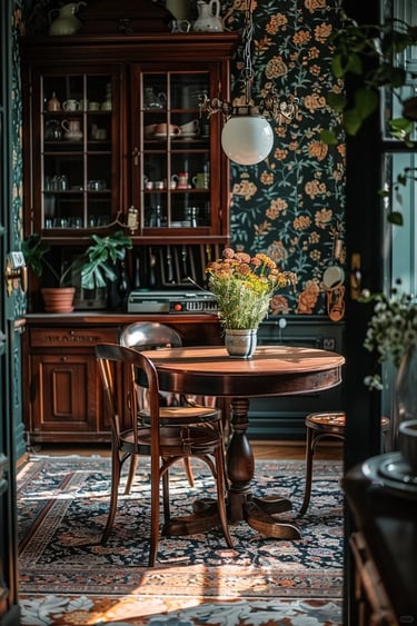 William Morris-inspired interior featuring botanical patterns, natural materials, and traditional Arts and Crafts design.