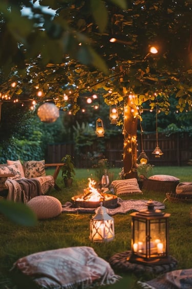 Cozy garden seating area with lanterns, string lights, fire pit, and warm evening atmosphere.