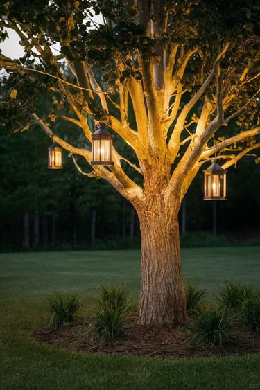 Outdoor lanterns hanging from a tree, creating soft warm lighting for an evening garden space.