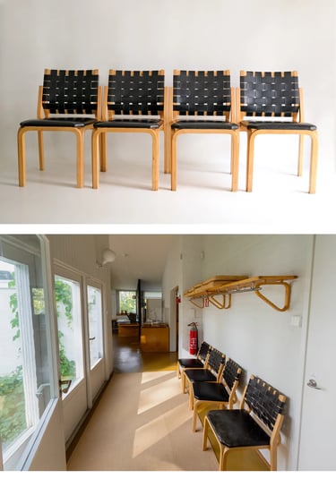 Wooden chairs with black woven seats, showing Alvar Aalto’s practical Nordic furniture style