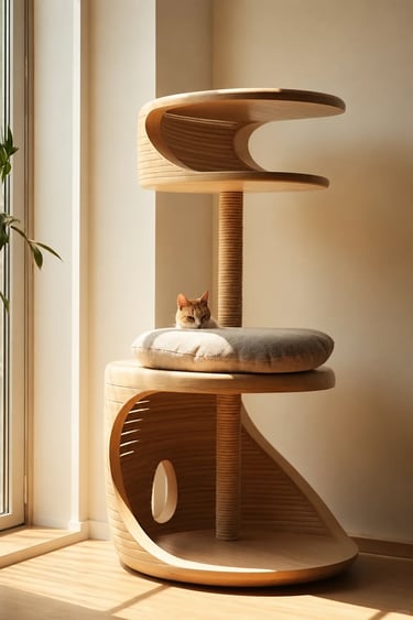 Wooden cat tree with sisal scratching post, soft cushion and cat resting near a sunlit window in a w