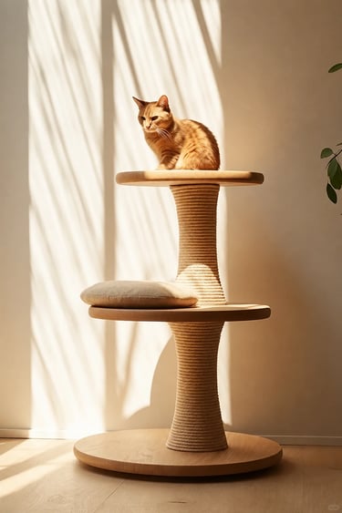 Minimal wooden cat tree with sisal scratching column and cat sitting on a platform in warm natural l