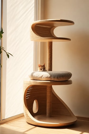 Modern wooden cat furniture with soft cushion, sisal scratching post and cat resting in a cozy sunli