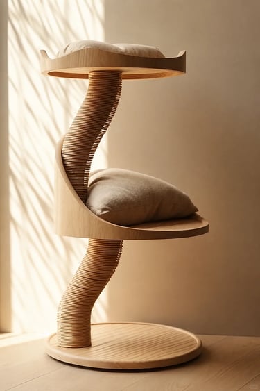 Sculptural wooden cat tree with curved sisal scratching post, soft cushions and warm minimalist home