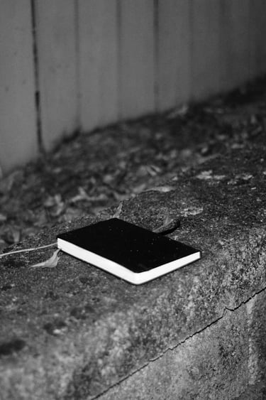 A black pocket notebook lies on a textured stone wall in a black and white outdoor setting.