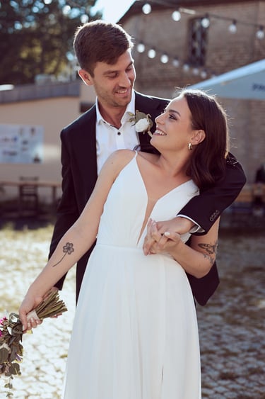 Portrait of happy bride and groom.