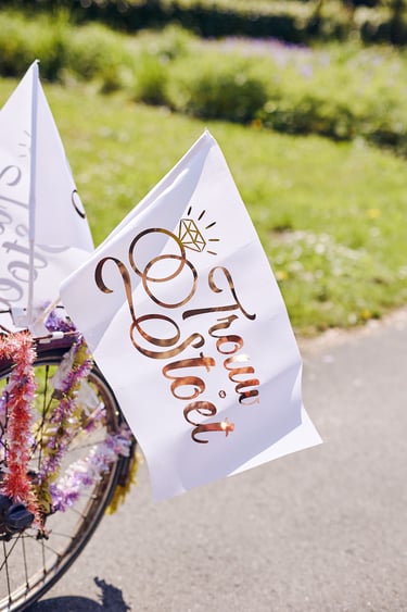 Just married flag in Dutch attached to a bicycle.
