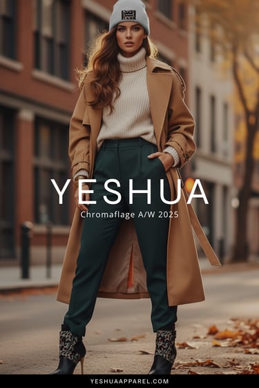 A chic outfit featuring a camel coat, cream sweater, black trousers, and YESHUA boots and beanie