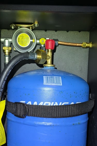 Campervan gas installation - Campingaz bottle with bulkhead mounted regulator