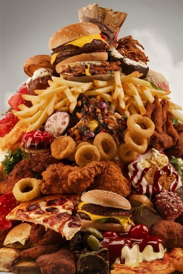 Een stapel junkfood die eruitziet als een piramide
