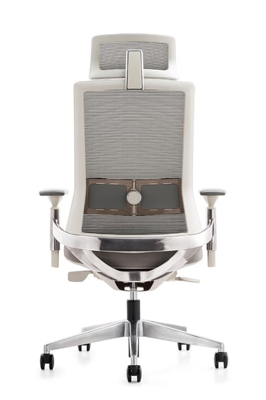 White mesh executive chair with headrest, rear view on casters