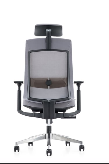 Black mesh performance chair with headrest, rear view on casters