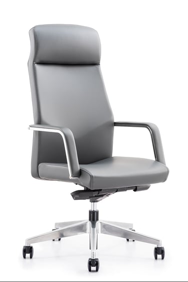 High-back grey executive chair with slim armrests and five-star aluminium base
