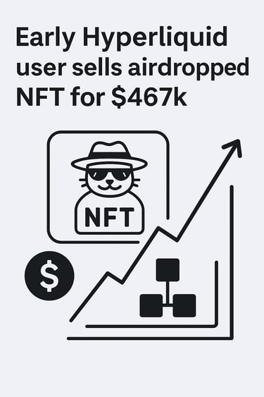 Infografía en estilo periodístico que muestra la venta récord de un NFT Hypurr airdropeado por Hyperliquid por 467.000 $, des