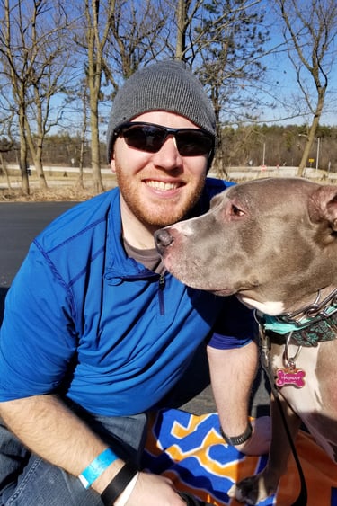 dog walker out with a dog in chicago