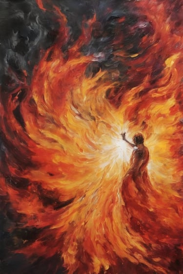 Cosmic fire spirit engulfed in swirling flames — Abstract, cosmic painting.