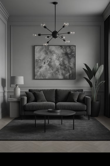 Modern minimalist living room with a dark grey sofa, sputnik chandelier, and abstract wall art.