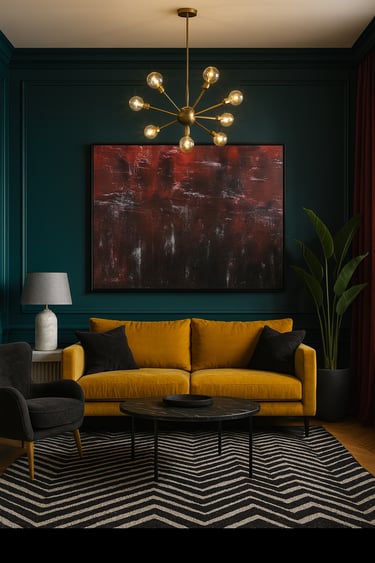 Modern living room featuring a yellow sofa, abstract red wall art, and a gold sputnik chandelier.