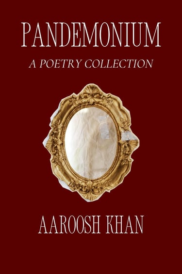 the image displays a dark red background with a gold-border mirror in the center. the book's name shows the word PANDEMONIUM