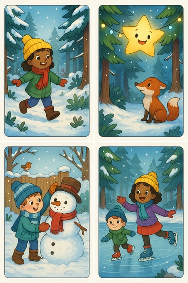 Vier Erzählkarten zur Sprachförderung. Lumi und Freunde im Winter