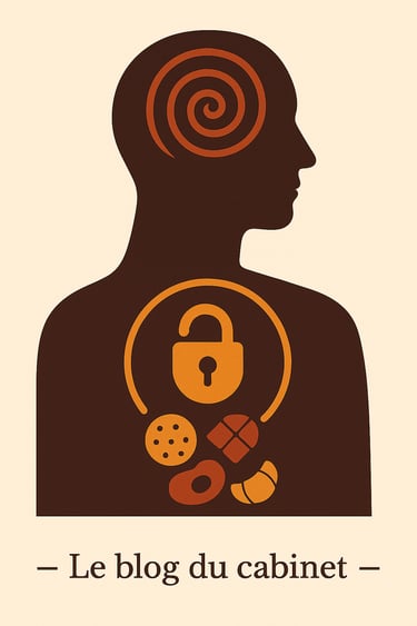 Silhouette avec spirale, cadenas ouvert et aliments stylisés, apaisement du grignotage