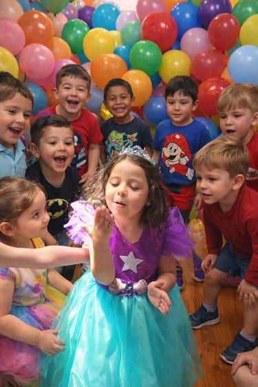 a group of children and adults in a room with balloons