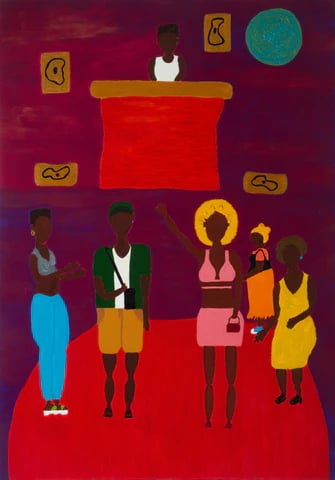Pintura Celebração é Magia. Fundo em tom de roxo escuro. Seis pessoas negras curtem uma festa.