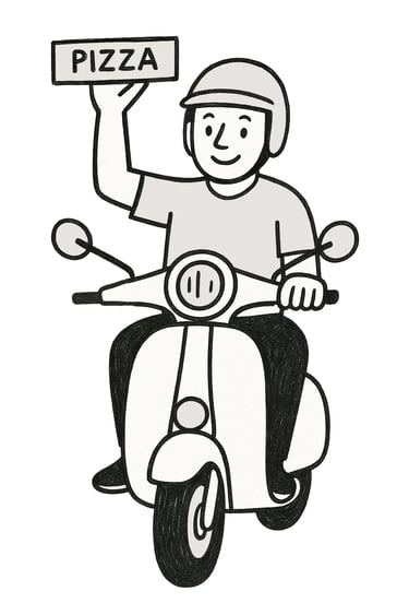 Motoboy em lambreta entregando pizza