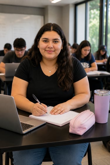 Mujer de 18 años en la escuela. La nutrición debe adaptarse a tu vida.