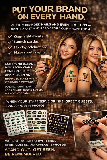 Touchpoint poster showing branded items placed in customer hands to reinforce venue identity