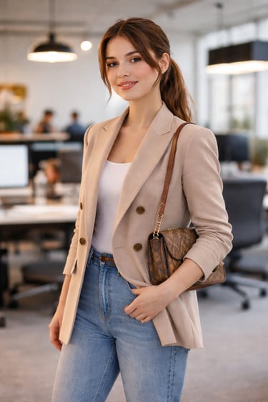 a woman in a beige blazer and jeans