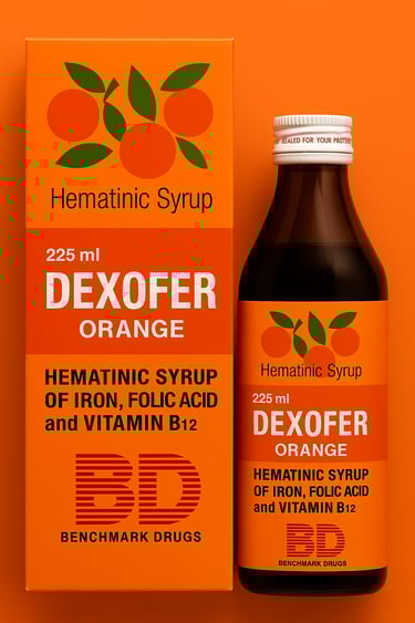 alt="Dexofer Orange iron and vitamin syrup for blood health by Benchmark Drugs"