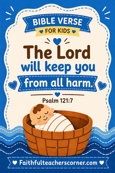 Psalm 121:7 Bible verse for kids with Baby Moses illustration about God watching over us
